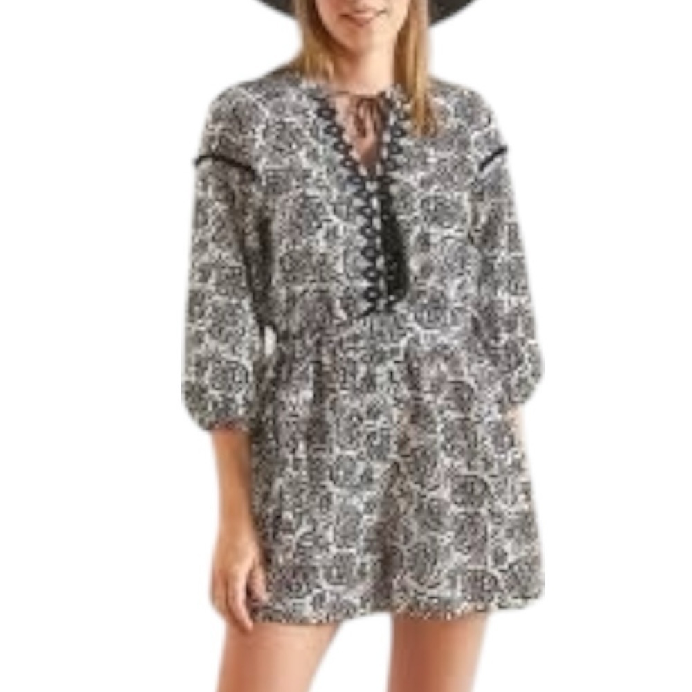 ZARA Floral Shorts Romper Tie Waist Cream Black Sz L Vacation Beach Linen Blend